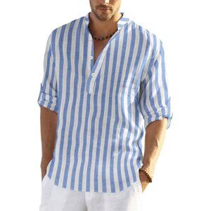 Men's Blue White Cotton Linen Henley T-shirt Long Sleeve Casual Beach Button